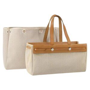 HERMES Her Bag Cabus GM Tote Bag Canvas Leather Beige Auth 143299